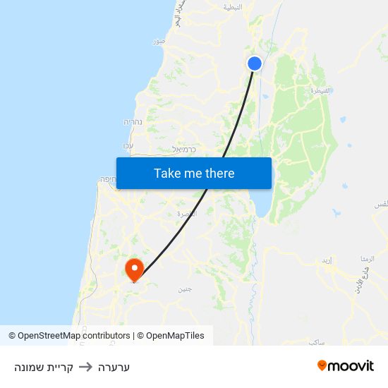 קריית שמונה to ערערה map