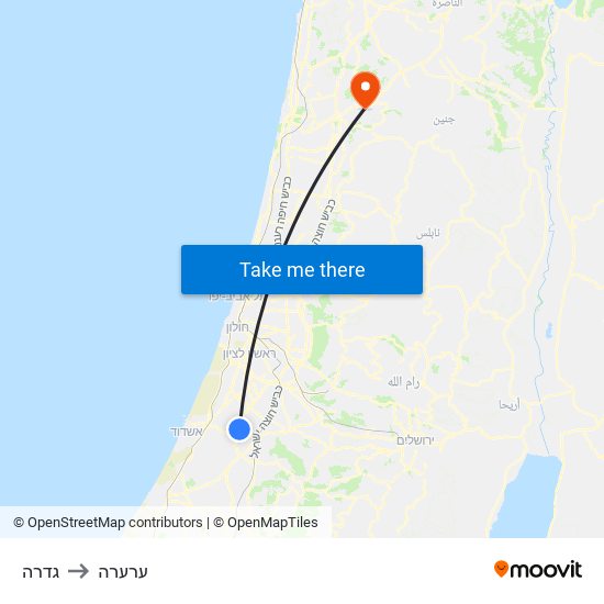 גדרה to ערערה map