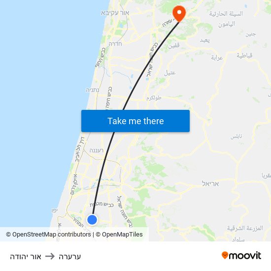 אור יהודה to ערערה map