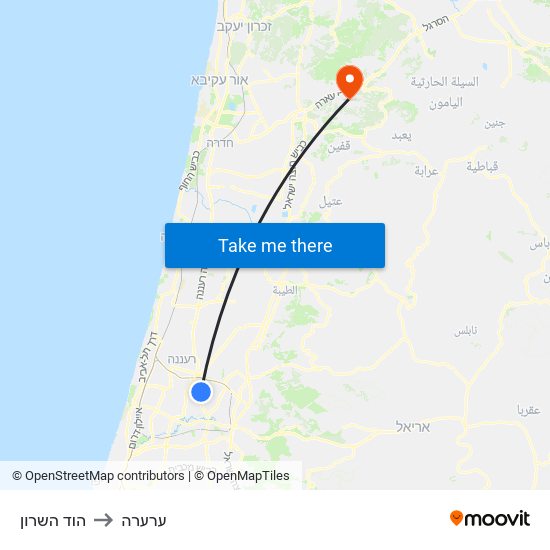 הוד השרון to ערערה map