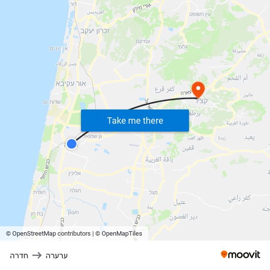 חדרה to ערערה map