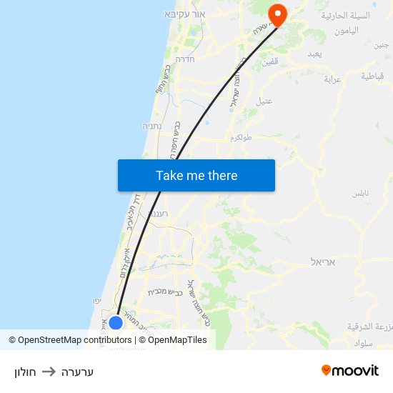 חולון to ערערה map