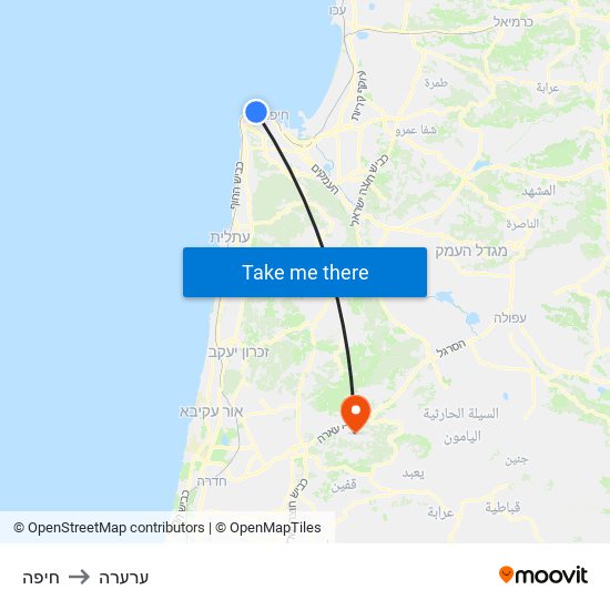 חיפה to ערערה map