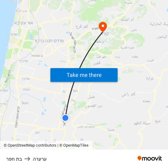 בת חפר to ערערה map