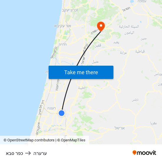 כפר סבא to ערערה map