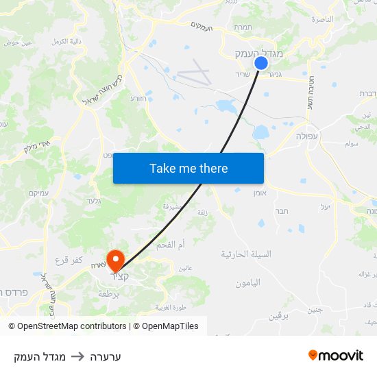 מגדל העמק to ערערה map