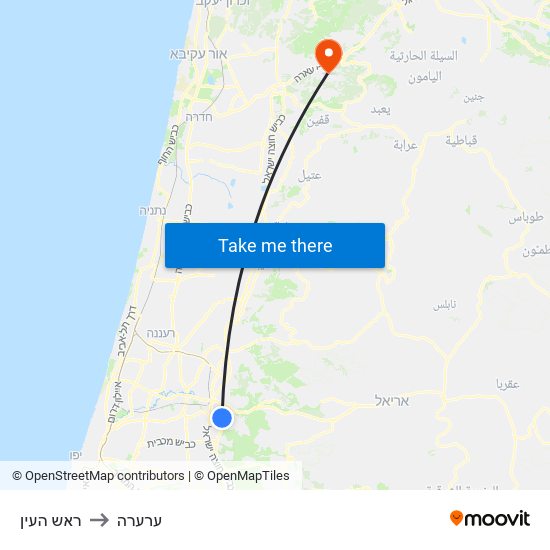 ראש העין to ערערה map