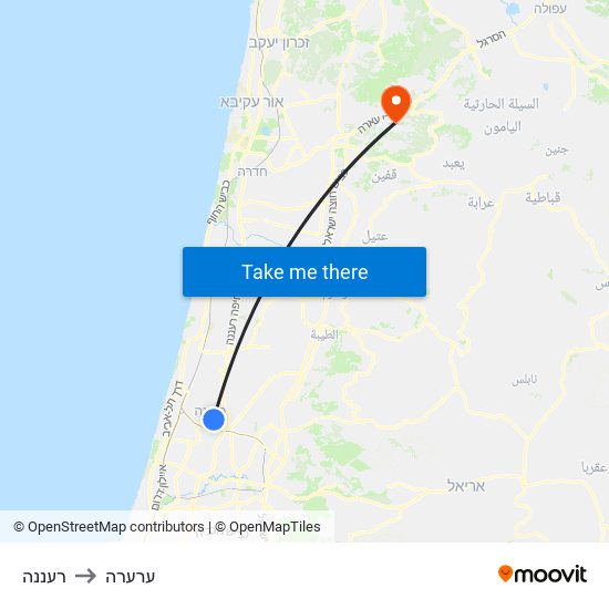 רעננה to ערערה map