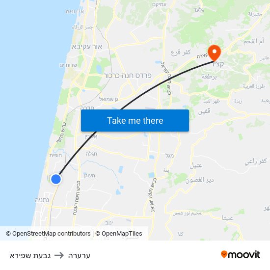 גבעת שפירא to ערערה map