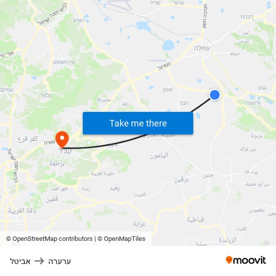 אביטל to ערערה map