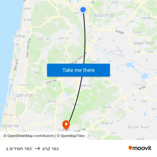 כפר חסידים ב' to כפר קרע map