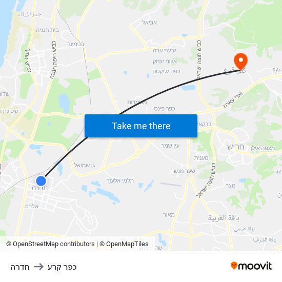 חדרה to כפר קרע map