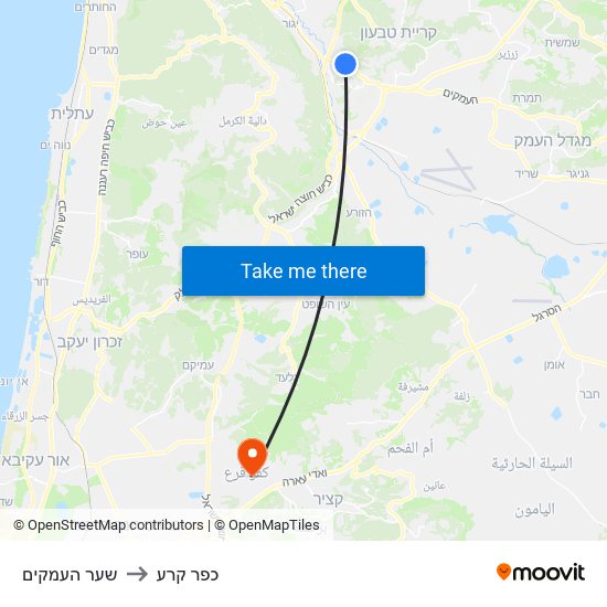 שער העמקים to כפר קרע map