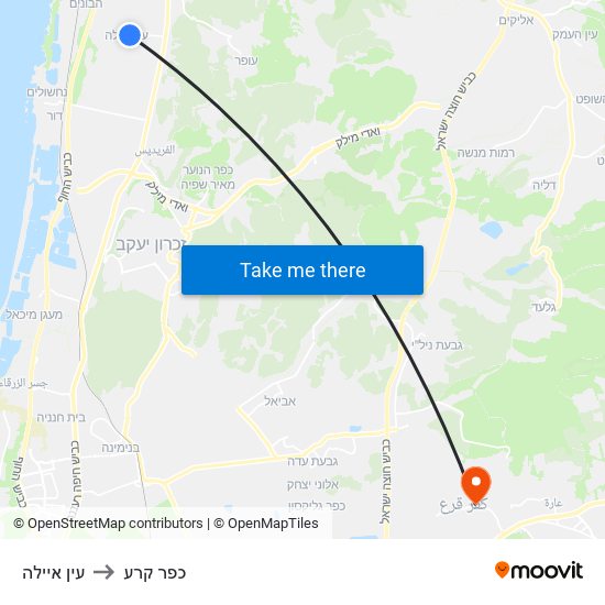 עין איילה to כפר קרע map