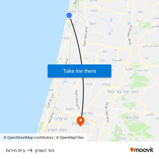 בית חירות to הוד השרון map