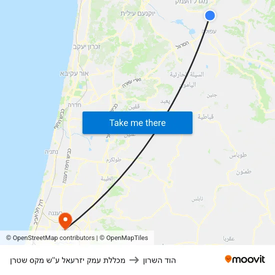מכללת עמק יזרעאל ע''ש מקס שטרן to הוד השרון map