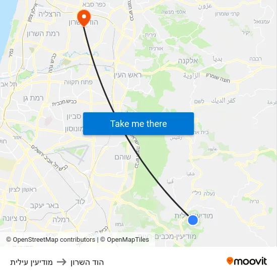 מודיעין עילית to הוד השרון map