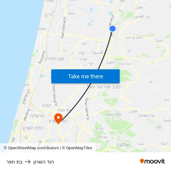 בת חפר to הוד השרון map