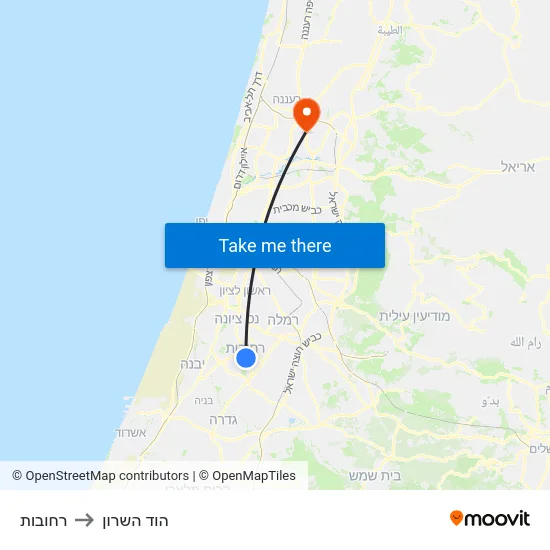 רחובות to הוד השרון map