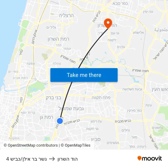 גשר בר אילן/כביש 4 to הוד השרון map