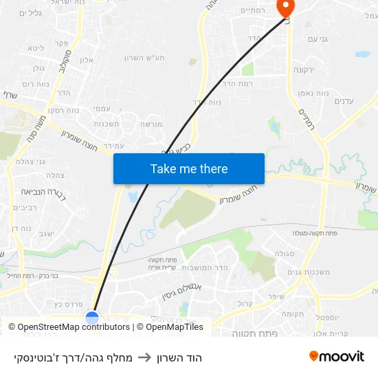 מחלף גהה/דרך ז'בוטינסקי to הוד השרון map