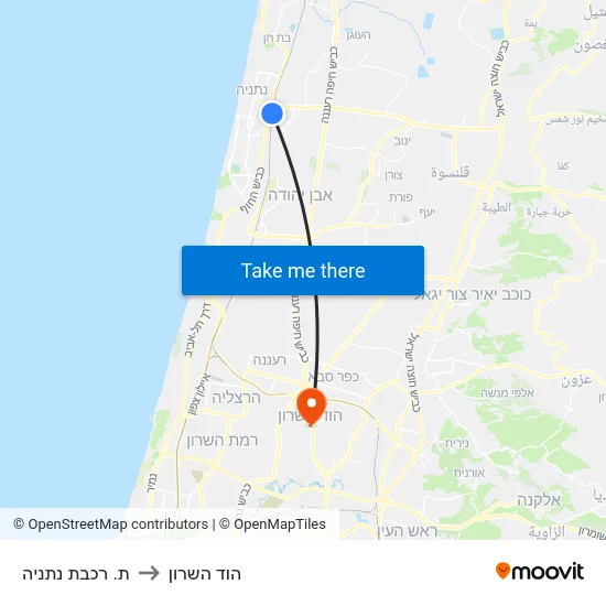 ת. רכבת נתניה to הוד השרון map