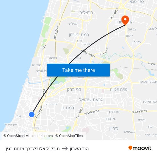 ת.רק''ל אלנבי/דרך מנחם בגין to הוד השרון map