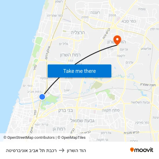רכבת תל אביב אוניברסיטה to הוד השרון map