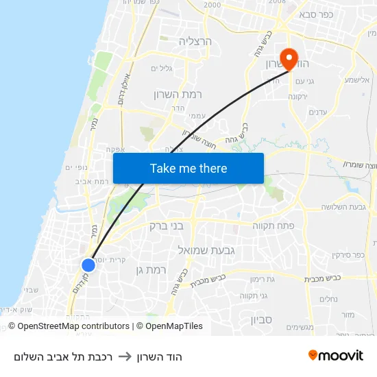 רכבת תל אביב השלום to הוד השרון map