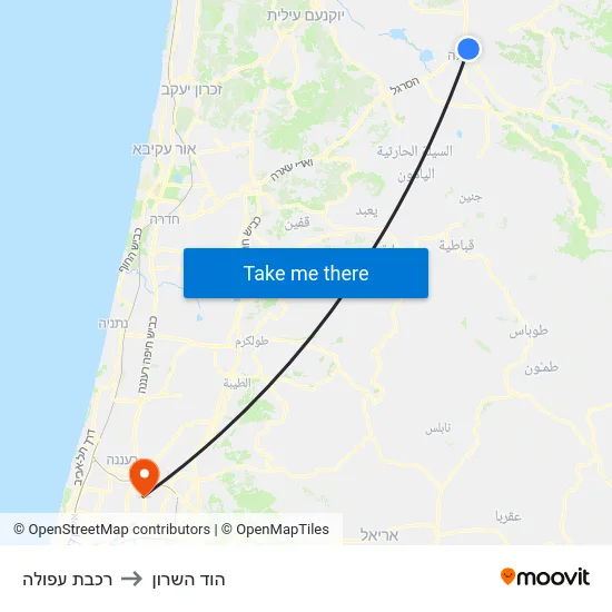 רכבת עפולה to הוד השרון map
