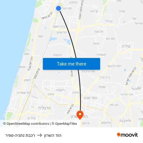 רכבת נתניה-ספיר to הוד השרון map