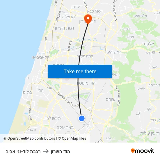 רכבת לוד-גני אביב to הוד השרון map