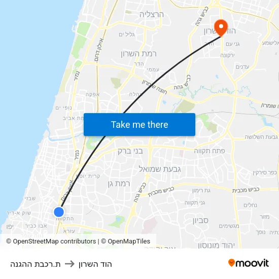 ת.רכבת ההגנה to הוד השרון map