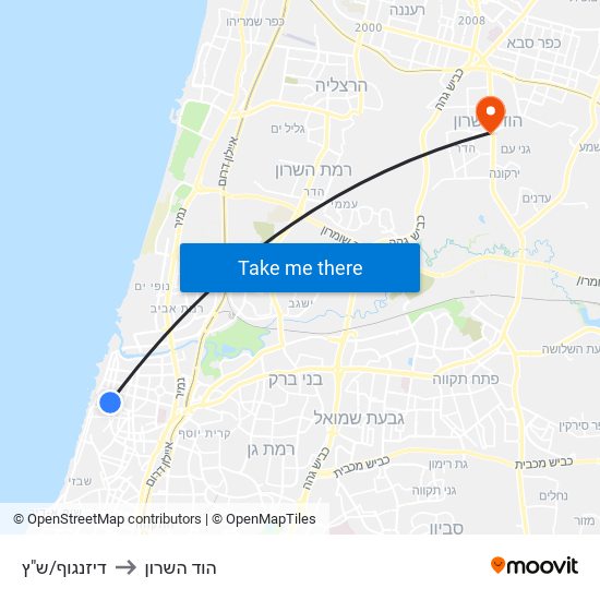 דיזנגוף/ש"ץ to הוד השרון map