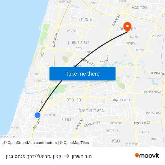 קניון עזריאלי/דרך מנחם בגין to הוד השרון map