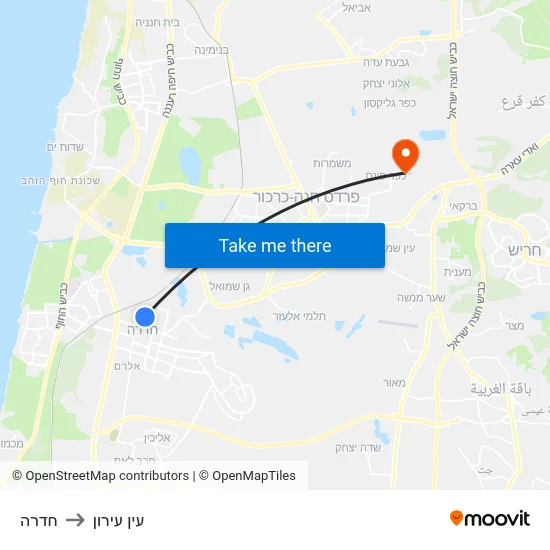 חדרה to עין עירון map