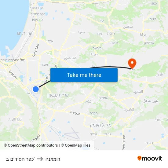 כפר חסידים ב' to רומאנה map