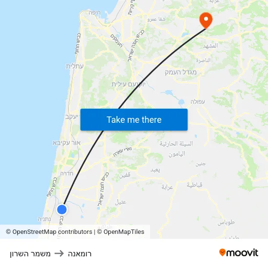 משמר השרון to רומאנה map