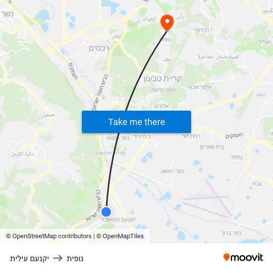 יקנעם עילית to נופית map