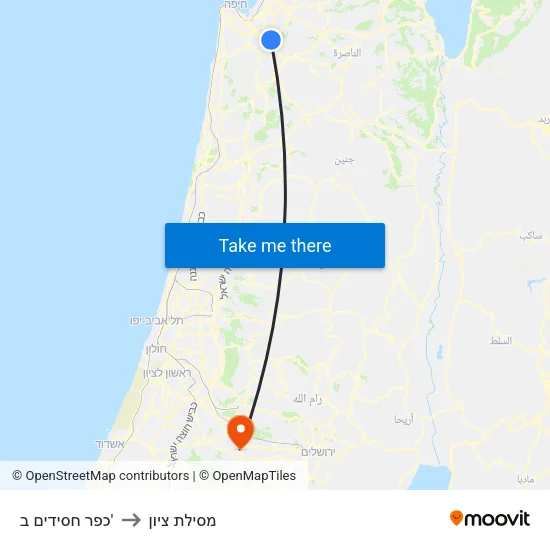 כפר חסידים ב' to מסילת ציון map