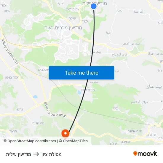 מודיעין עילית to מסילת ציון map