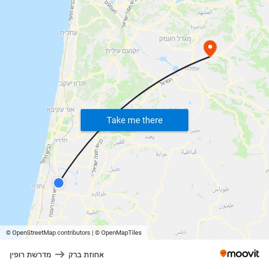 מדרשת רופין to אחוזת ברק map