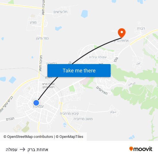 עפולה to אחוזת ברק map