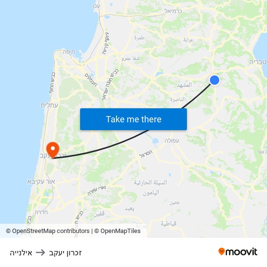 אילנייה to זכרון יעקב map