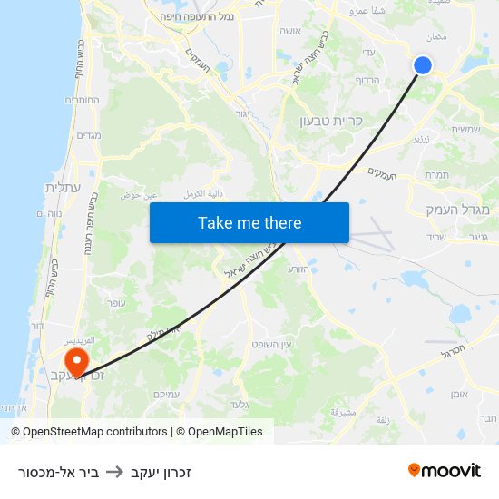 ביר אל-מכסור to זכרון יעקב map