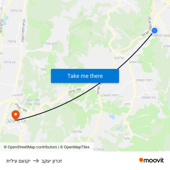 יקנעם עילית to זכרון יעקב map
