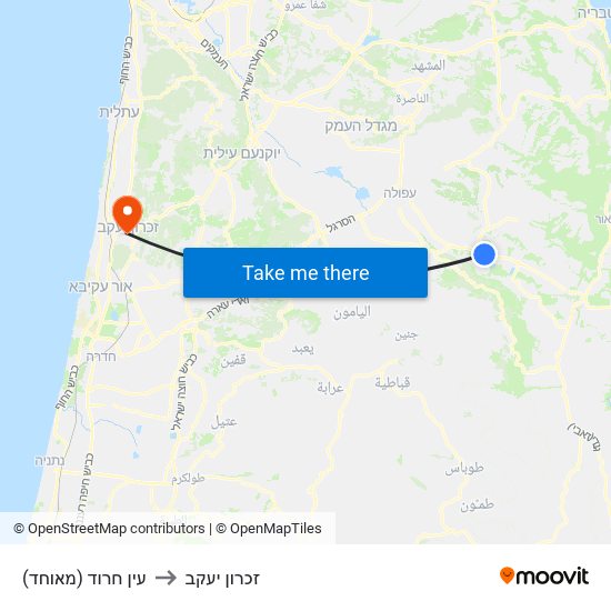 עין חרוד (מאוחד) to זכרון יעקב map