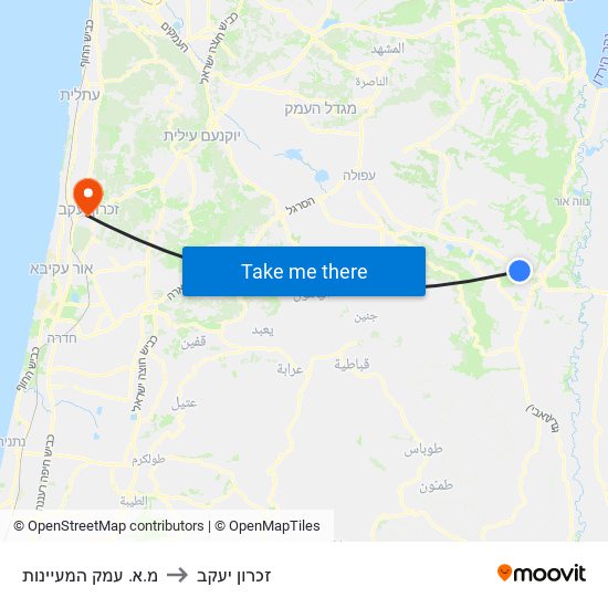 מ.א. עמק המעיינות to זכרון יעקב map