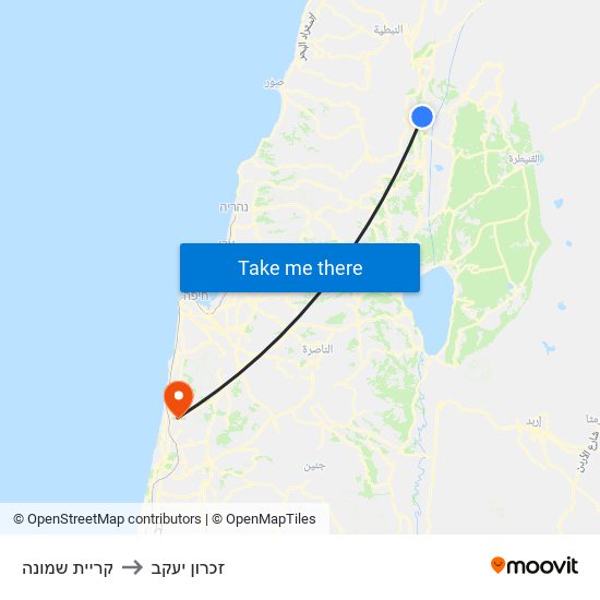 קריית שמונה to זכרון יעקב map