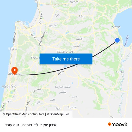 פורייה - נווה עובד to זכרון יעקב map